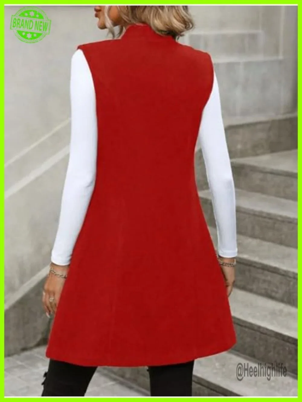 Long Sleeveless Wool Vest V-Neck Button Front Side Pockets